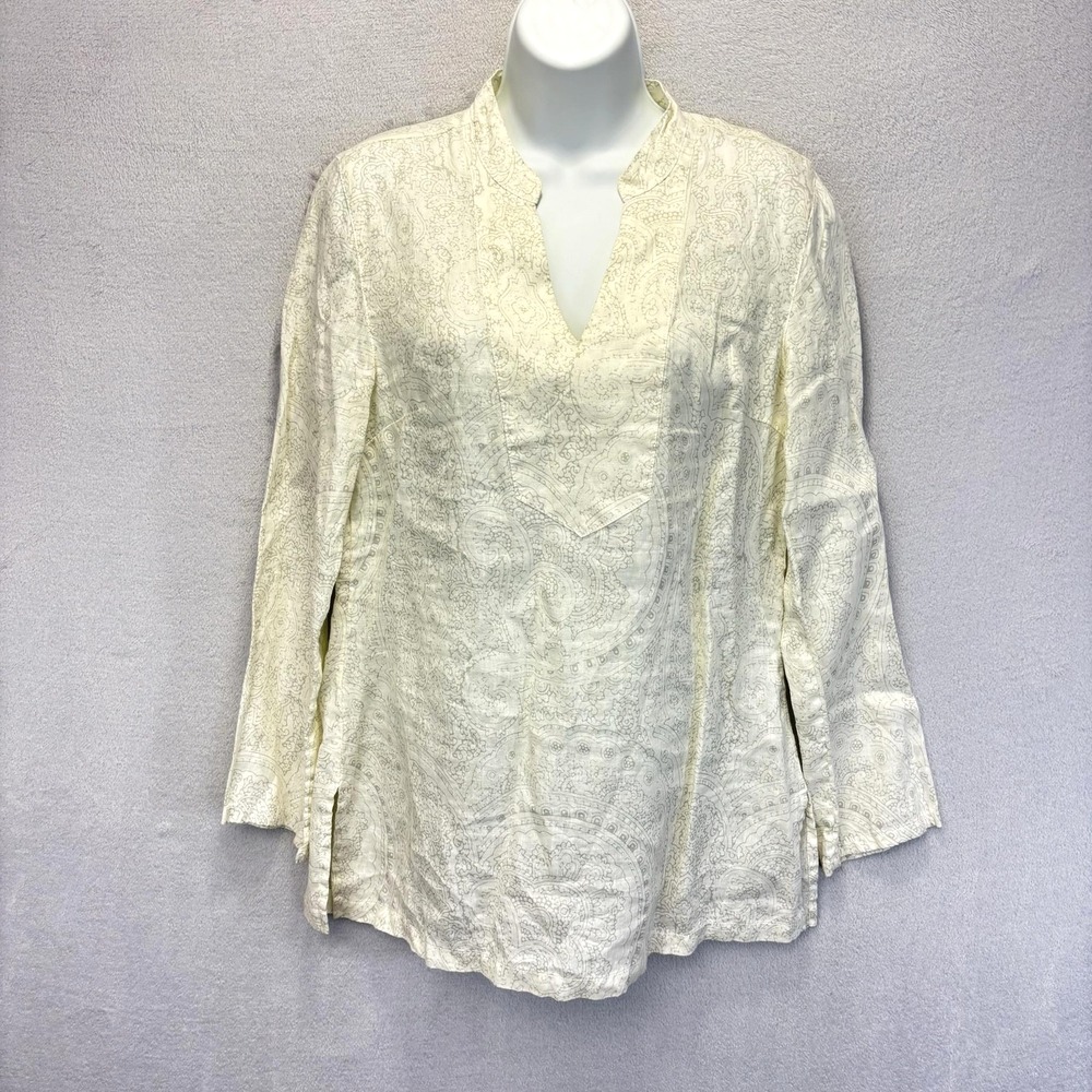 Cynthia Rowley 100% Linen Tunic Blouse Womens Small Ivory Paisley Long Sleeve